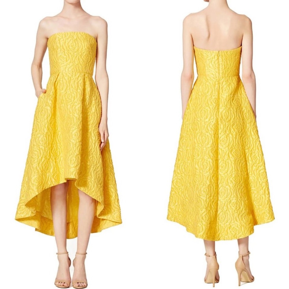 MONIQUE LHUILLIER Sunshine Day Gown 
Jacquard Strapless High Low Yellow 6 $698